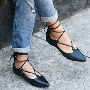Black Faux Leather Strappy Flats